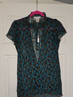 Teal and Brown Floral Tie-Neck Blouse